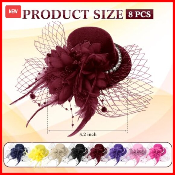 8-Piece Derby Hat Set with Clip, Floral Mesh Fascinators for Special Occasions
